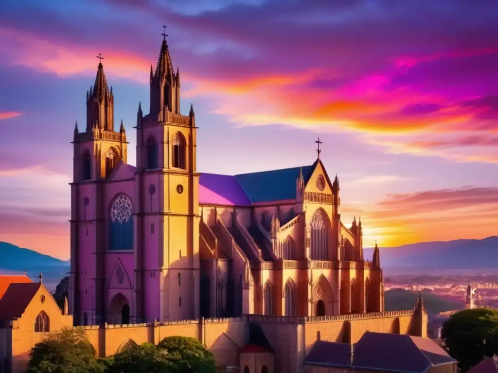 Festivales religiosos tradicionales: Catedral gótica iluminada por el atardecer, creando una atmósfera serena y mística