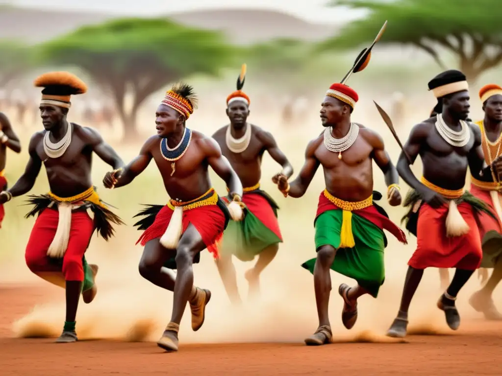 Festival Danza Cazadores en Mali: imagen etérea de cazadores africanos en atuendos ceremoniales, danzando en la exuberante sabana africana