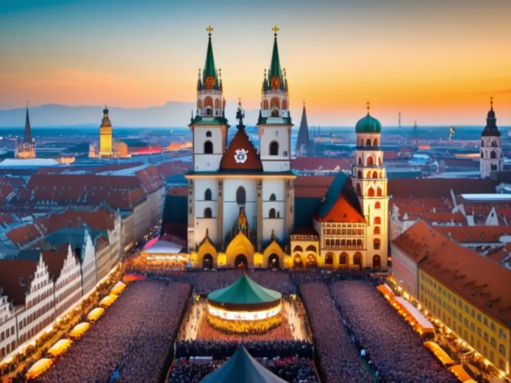 Tradición Oktoberfest Munich en vibrante imagen de la celebración, con icónicos landmarks y gente alegre