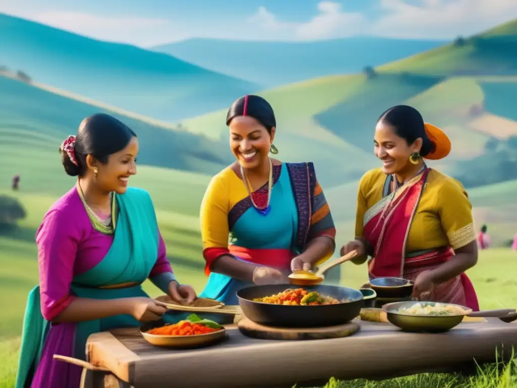 Escena vibrante y diversa de mujeres en festival culinario, destacando tradiciones culinarias en festivales