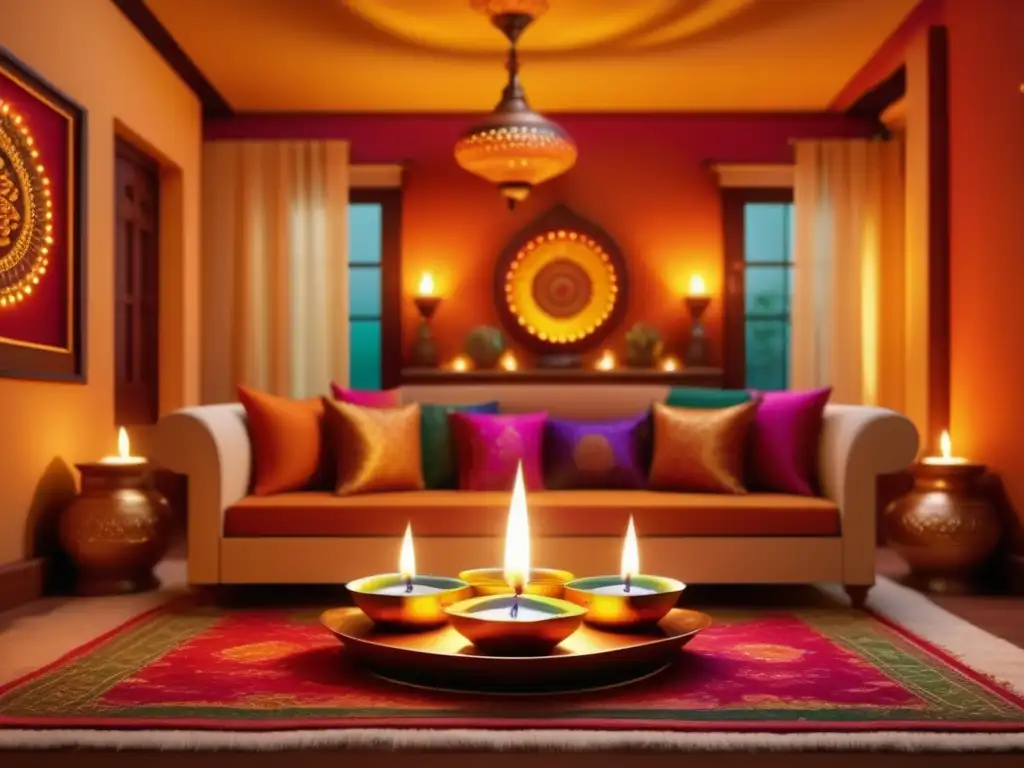 Imagen de Diwali, el Festival de las Luces, en una casa india decorada con colores vibrantes, patrones intrincados y adornos ornamentados