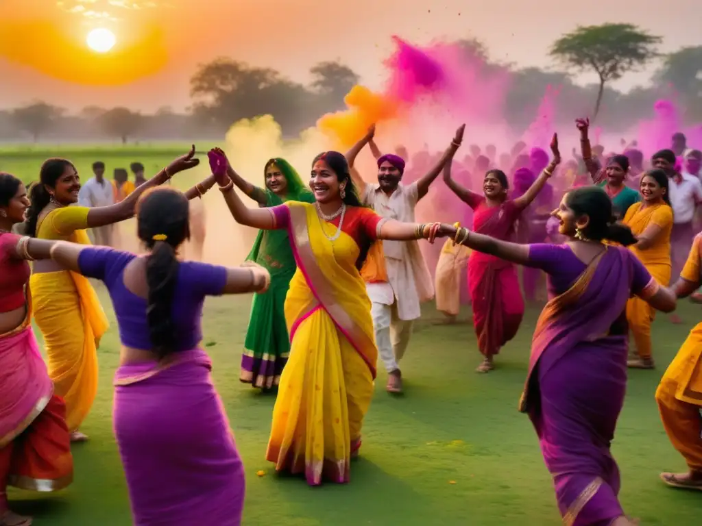 Celebración del Holi en India: Vibrante y etérea escena de baile y colores en un campo verde al atardecer