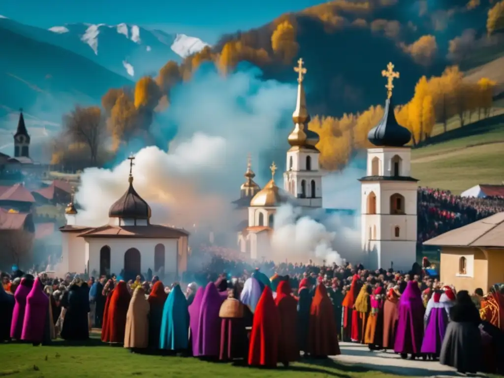 Festivales ortodoxos Europa del este: Celebración de Pascua en Rumania, con gente vestida de manera tradicional frente a una iglesia decorada