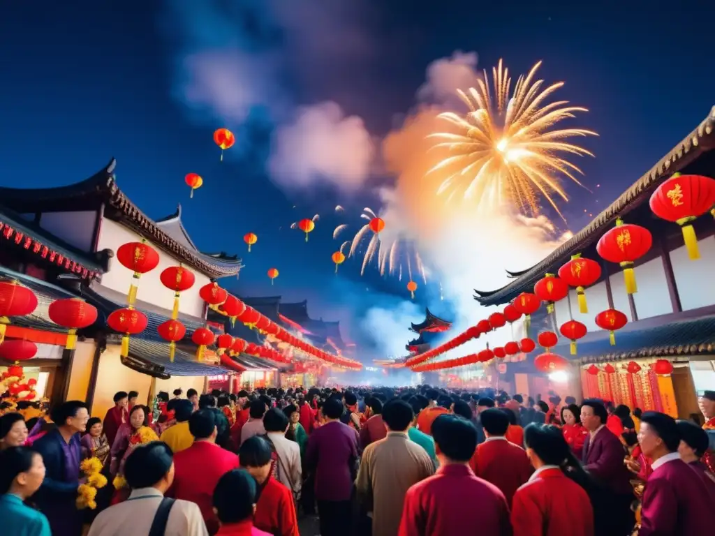 Festivales de Año Nuevo en Asia: una escena vibrante y colorida con linternas, trajes tradicionales, danza y fuegos artificiales