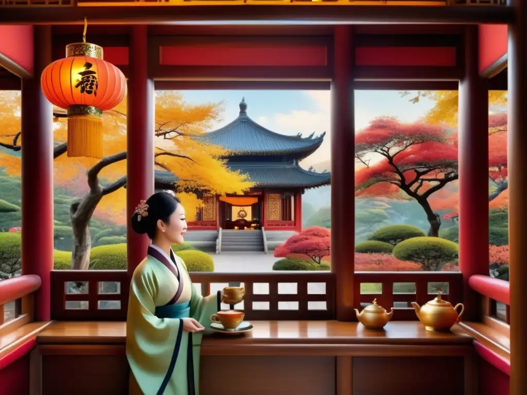 Celebraciones chinas del té tradicional en un teahouse etéreo, con detalles exquisitos y una atmósfera serena