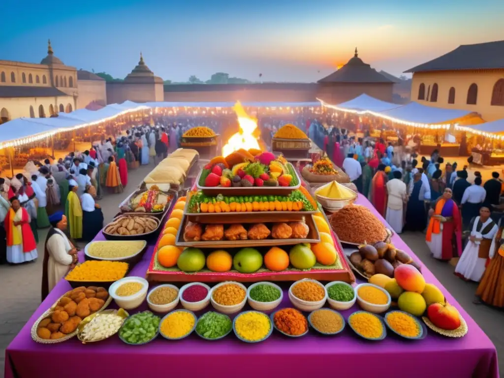 Evolución gastronomía festiva mundial: escena vibrante de celebración histórica con mesa decorada y platos suculentos