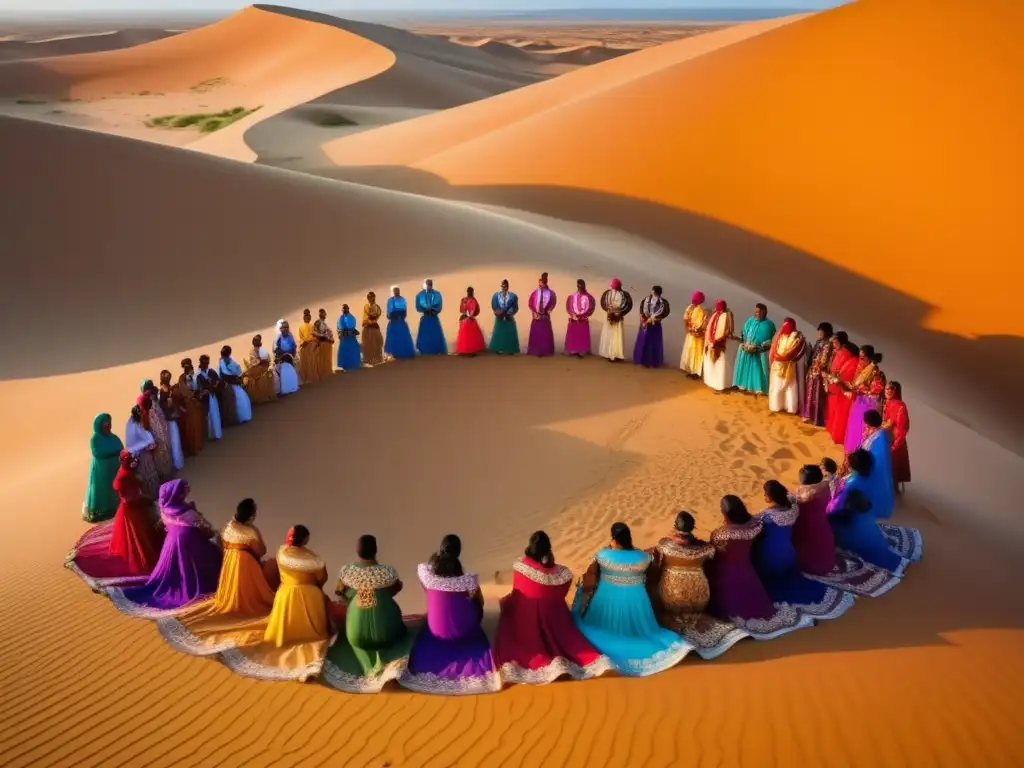 Celebración Guedra Marroquí: danza vibrante, atuendos coloridos, arena dorada, camellos silueteados