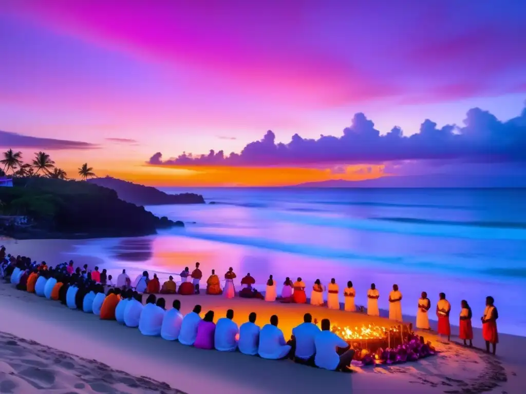 Celebración de San Juan: Ritual sagrado en la playa al atardecer con danza, música y un bonfire adornado con coloridas cintas y flores