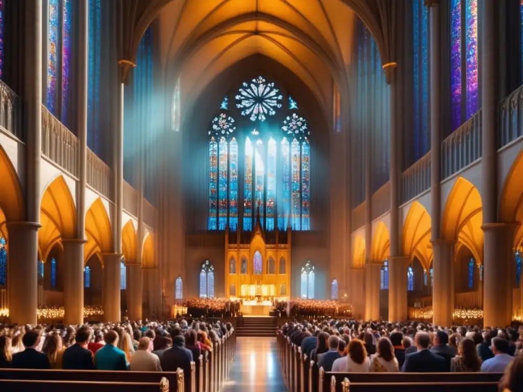 Impacto de la música moderna en festividades religiosas: Celebración religiosa con música fusionada y coloridos vitrales