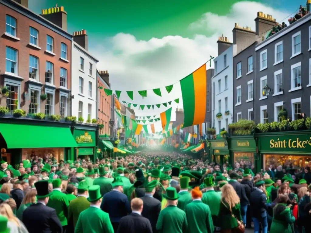 Celebración tradicional San Patricio Dublín, vista vibrante con la gente vestida de verde y el castillo icónico