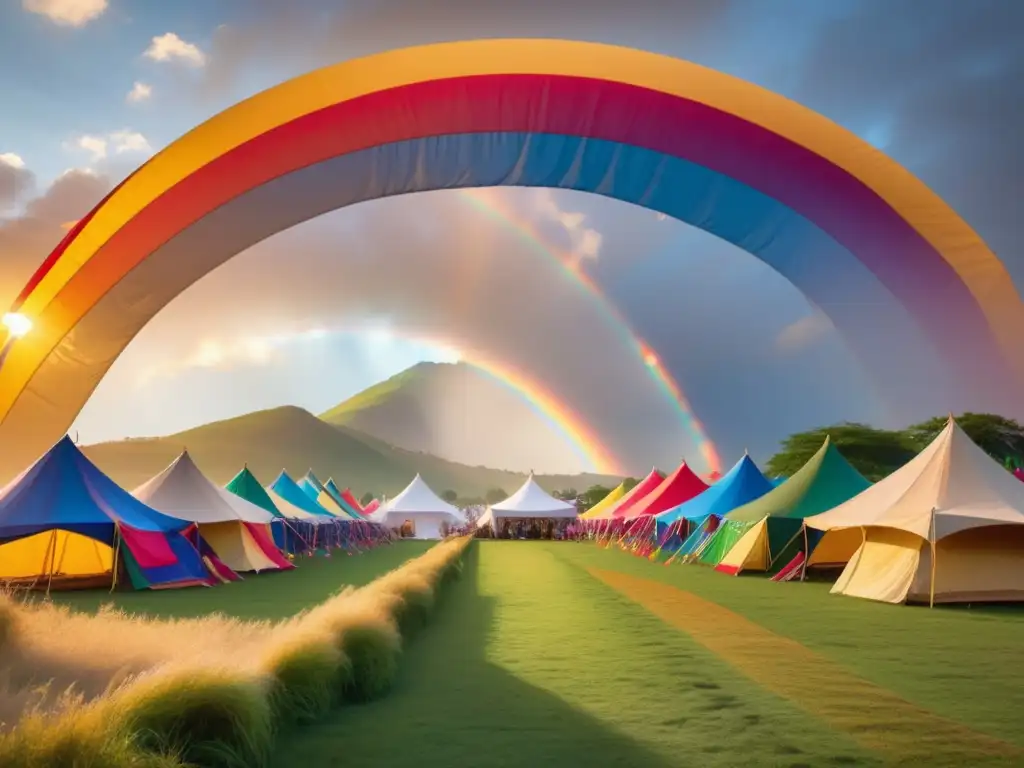 Festival LGBTQ+ lucha VIH/SIDA: Celebración inclusiva, amorosa y poderosa en un campo vibrante, con tiendas coloridas, banderas ondeando al viento y personas diversas unidas en alegría, rodeados de faroles flotantes y una majestuosa montaña de fondo