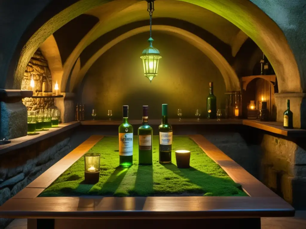 Cellar gótico en Praga: mesa de absenta tradicional con copas verdes y cucharas de plata iluminadas por velas