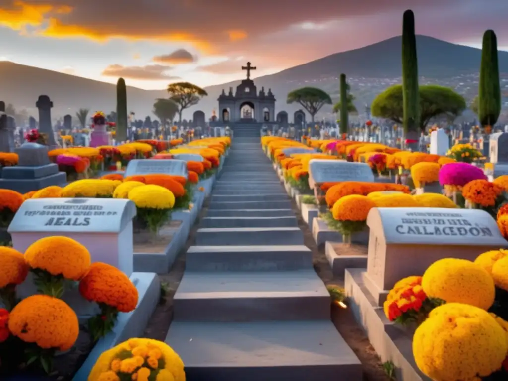 Festividades del Día de los Muertos en México: Colorido cementerio con marigolds, velas y música tradicional