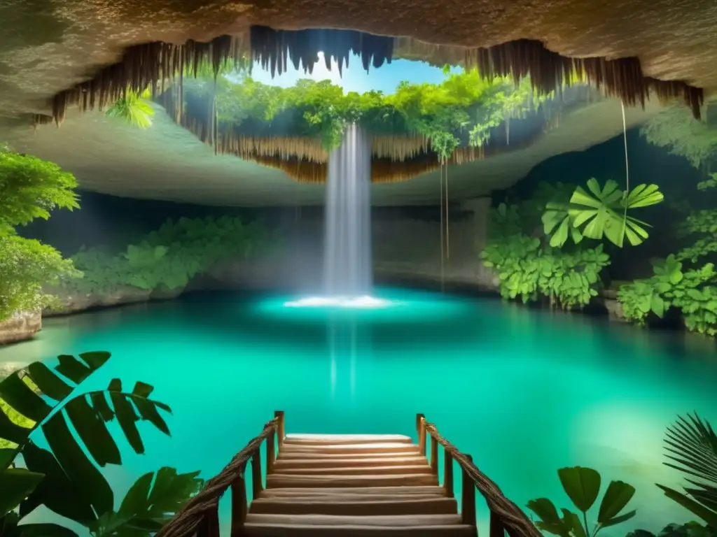 Festivales mayas en cenotes sagrados: Majestuosa imagen de un cenote sagrado durante un festival maya