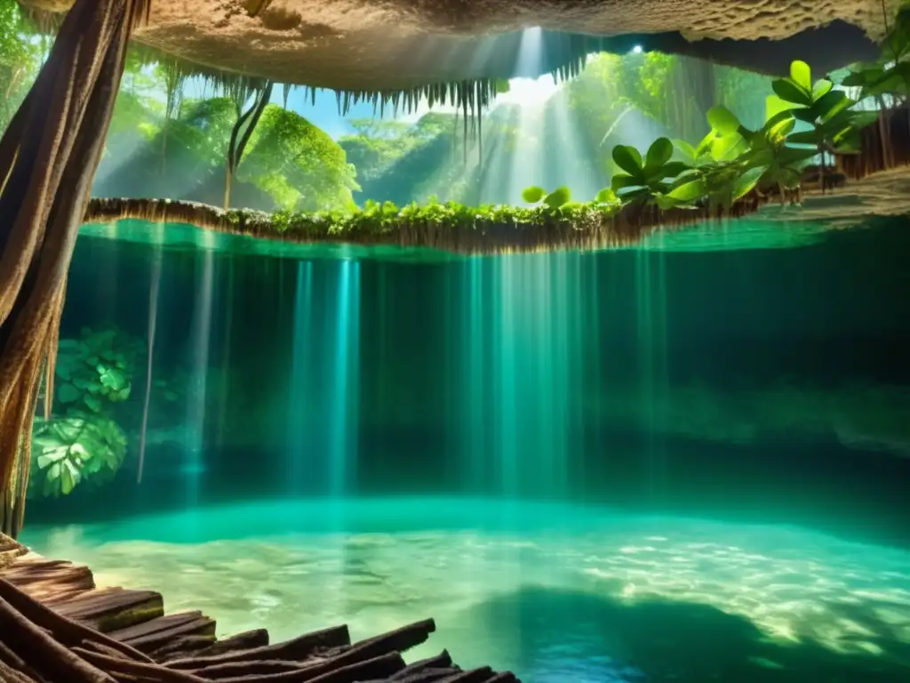 Cenote maya sagrado con festivales y raíces entrelazadas