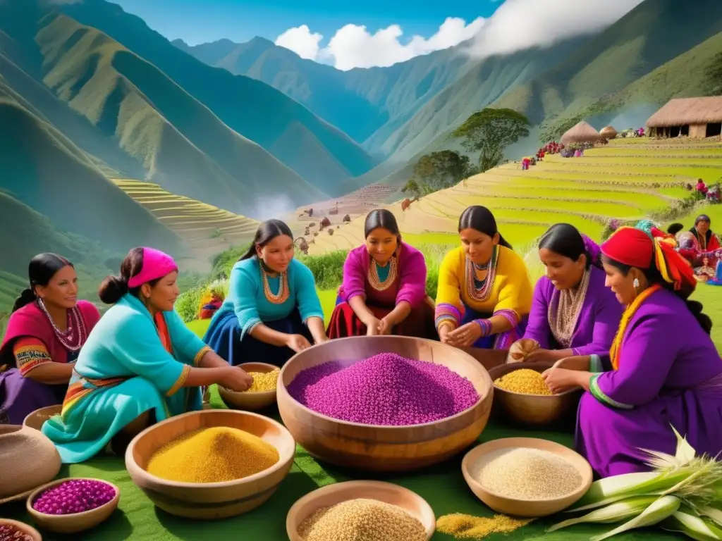 Importancia cultural de la chicha en festivales peruanos: Mujeres preparando chicha en majestuoso entorno natural