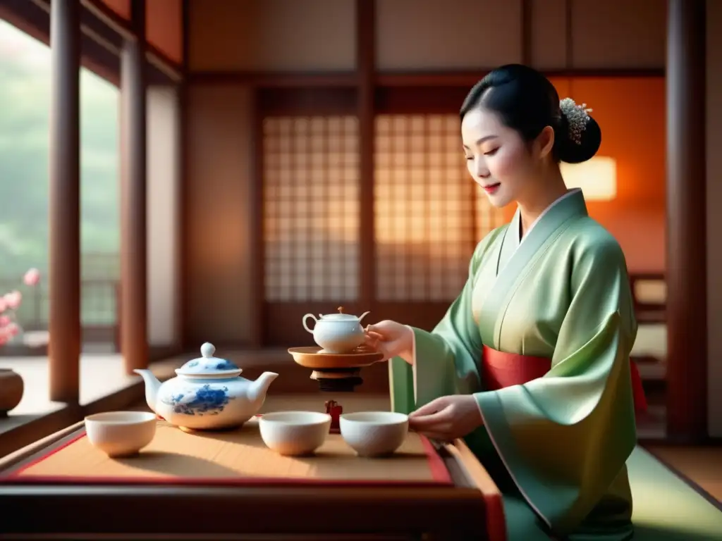 Celebración del té tradicional en China - Ceremonia serena en una sala de té adornada con delicadeza