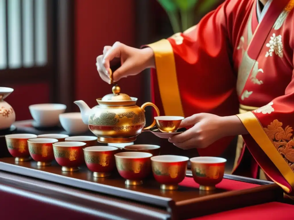 Celebraciones chinas del té tradicional en una sala decorada con motivos rojos y dorados, simbolizando buena suerte y prosperidad