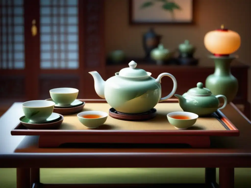 Celebraciones chinas del té tradicional en un ambiente sereno y hermoso, con una mesa adornada y un maestro del té elegante