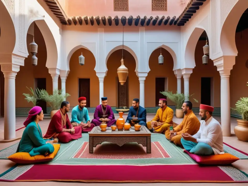 Celebraciones del té en Marruecos: Detalle de una ceremonia tradicional en un riad decorado con azulejos, muebles tallados y cojines de seda coloridos