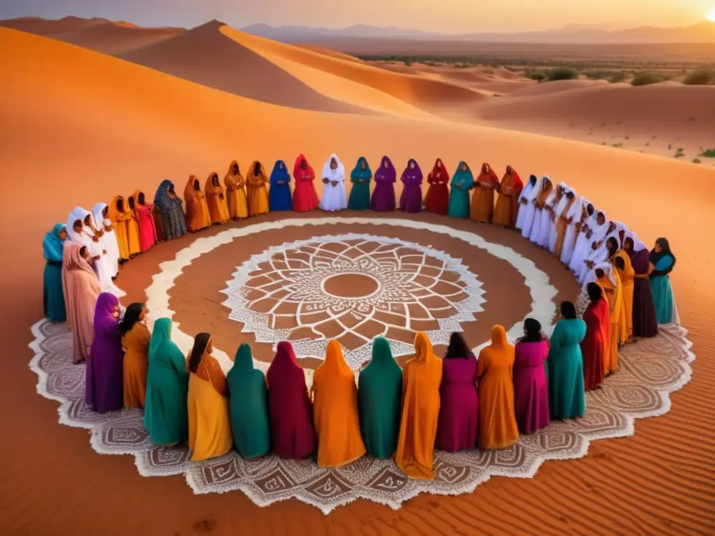 Celebración tradicional Guedra Marroquí en el desierto al atardecer