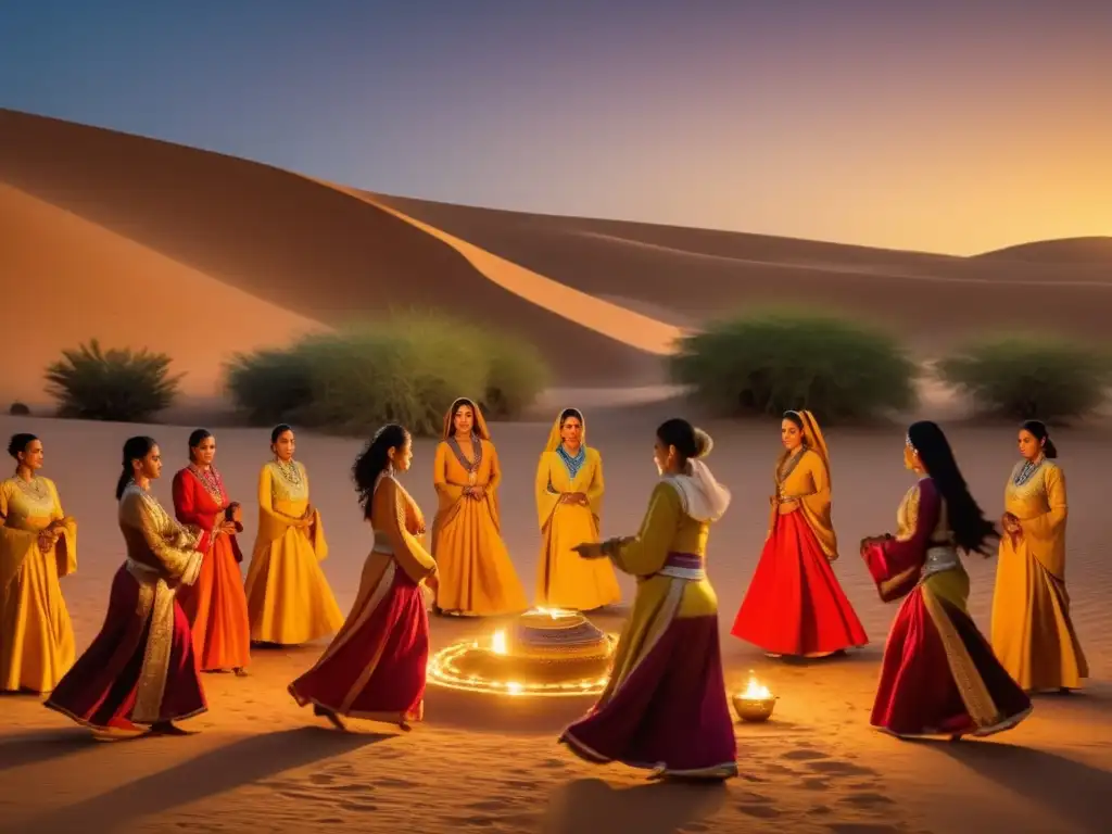 Celebración Guedra Marroquí: Danza ancestral de mujeres marroquíes en oasis al atardecer