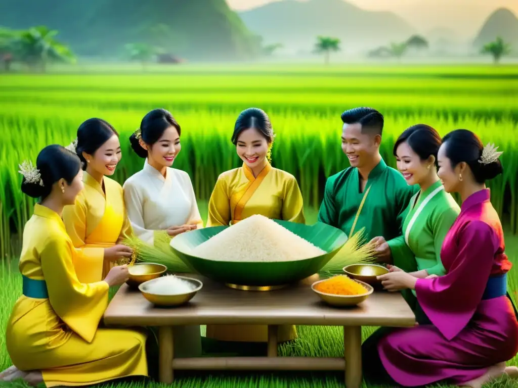 Tradiciones del licor de arroz en Vietnam: ceremonia etérea en un vibrante campo de arroz con elegantes participantes y mesa decorada