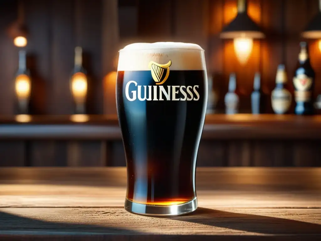 Celebraciones de San Patricio con cerveza Guinness: pintura realista y etérea de una pinta de Guinness en una barra de madera