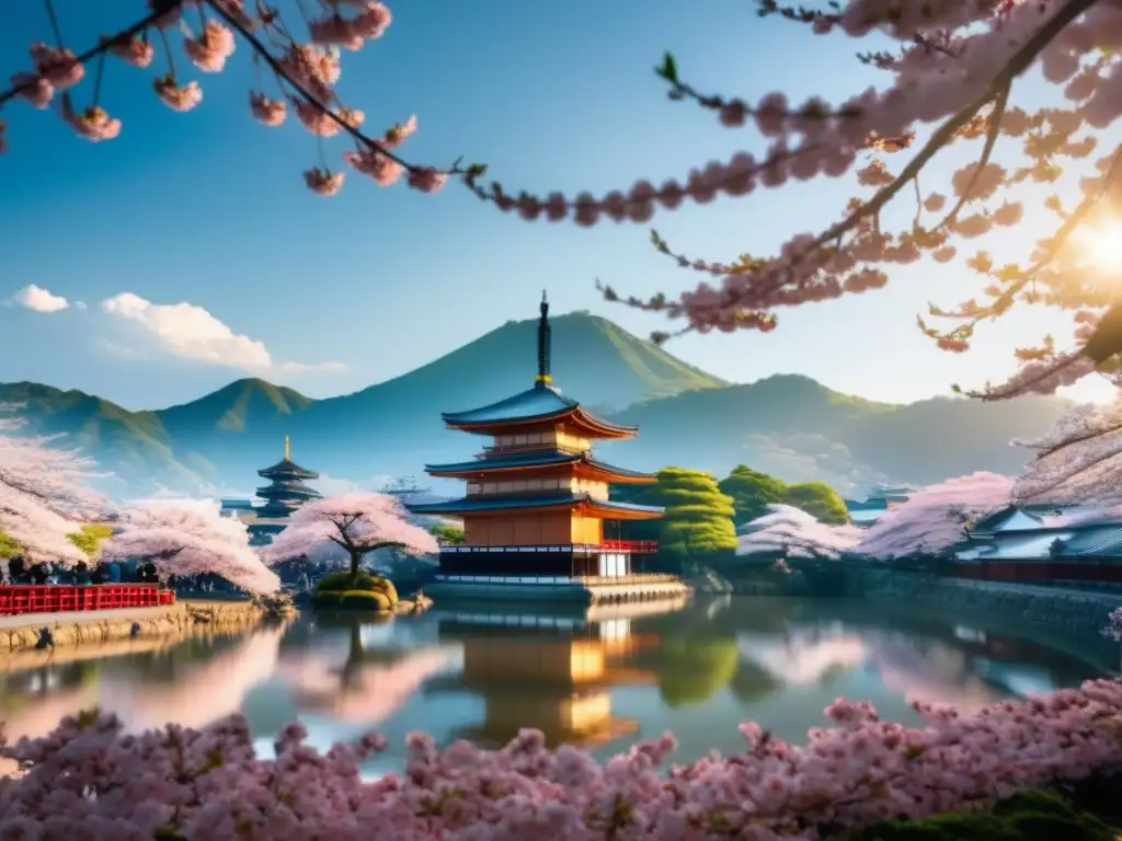 Festival Flor de Cerezo Japón: tradición y belleza en un sereno parque lleno de árboles florecidos y una pagoda japonesa