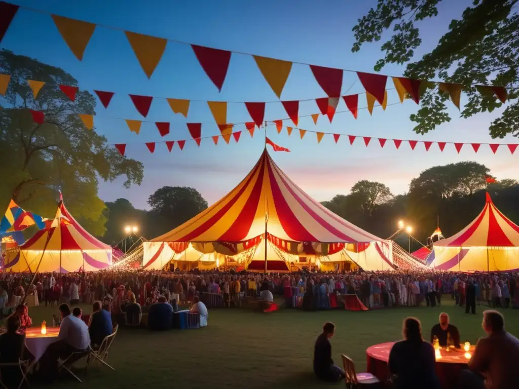 Impacto económico festivales circo comunidad: escena mágica en un festival de circo al atardecer