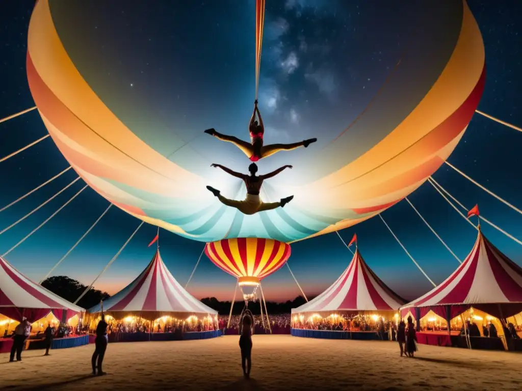 Festivales de circo internacionales fusionados: Acróbatas coloridos realizan rutina aérea impresionante bajo cielo estrellado