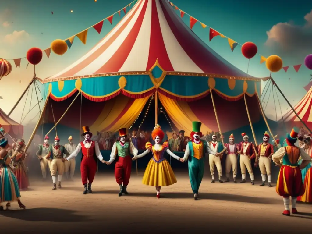 Evolución indumentaria festivales circo: traje típico payaso, colores vibrantes, paisaje surrealista, malabaristas y equilibristas glamorosos