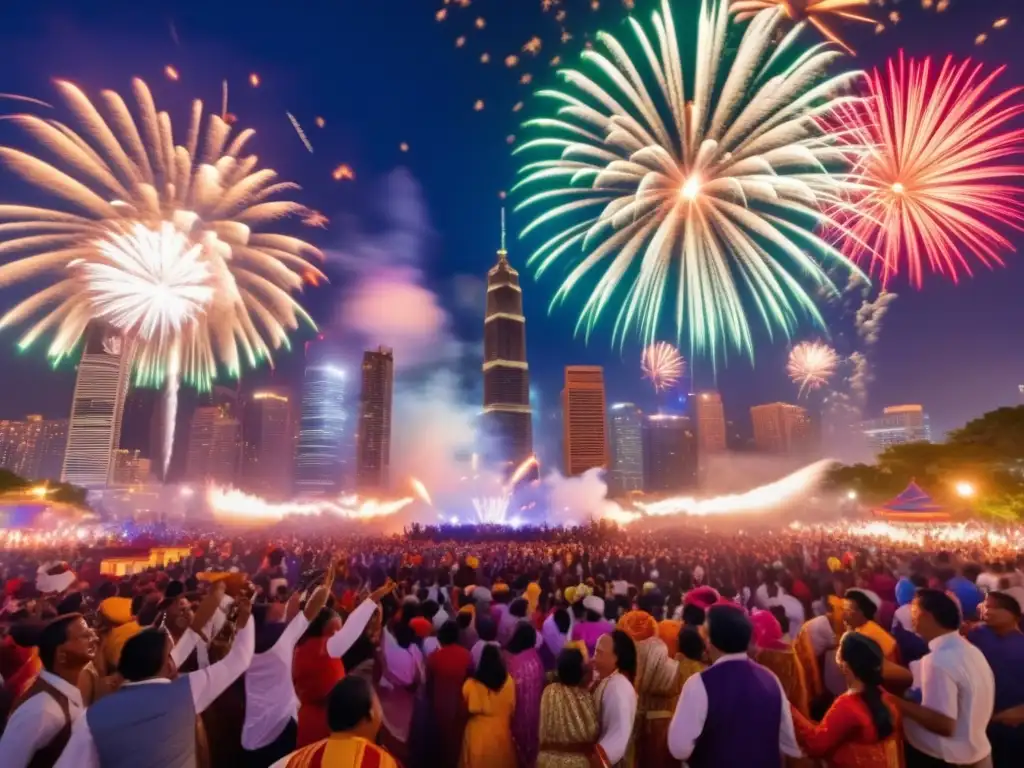 Celebración multicultural de Año Nuevo con fuegos artificiales y festivales tradicionales (110 caracteres)