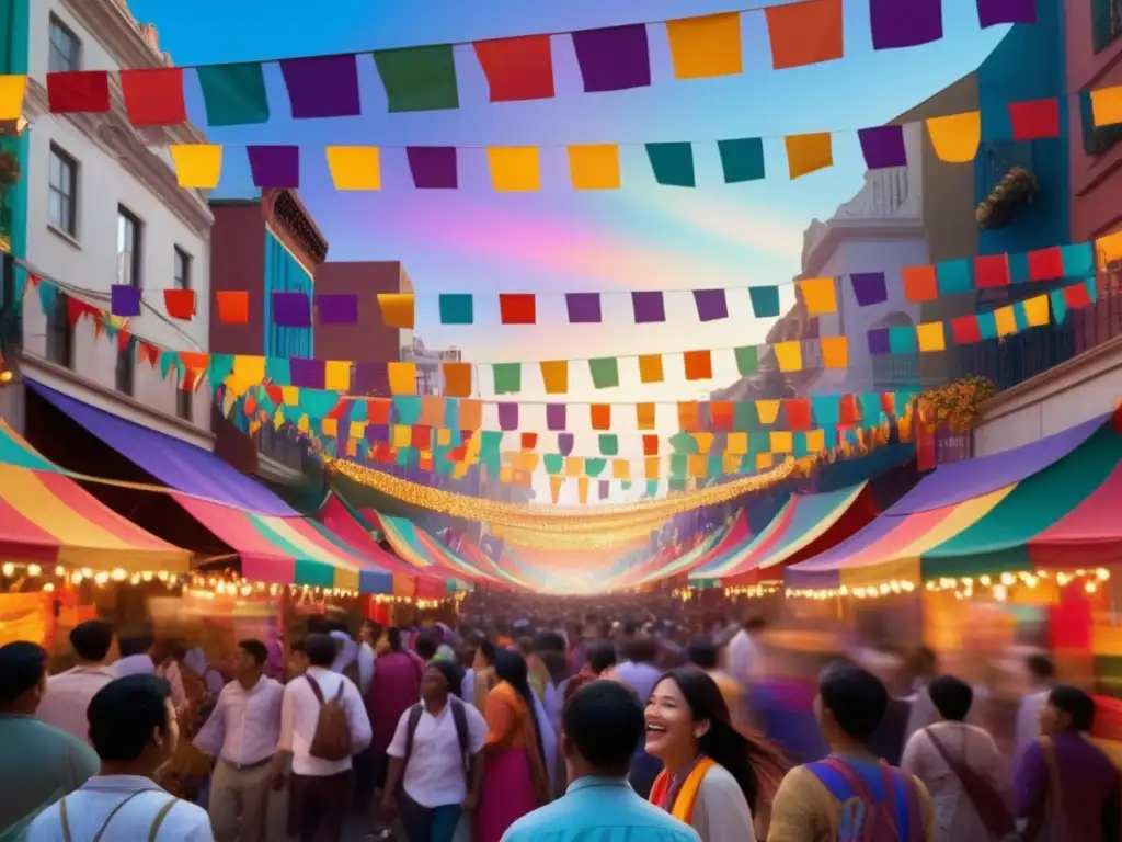 Festivales LGBTQ+ innovadores en el mundo: Vibrante escena de ciudad con luces festivas y multitud diversa celebrando la inclusión y la unidad