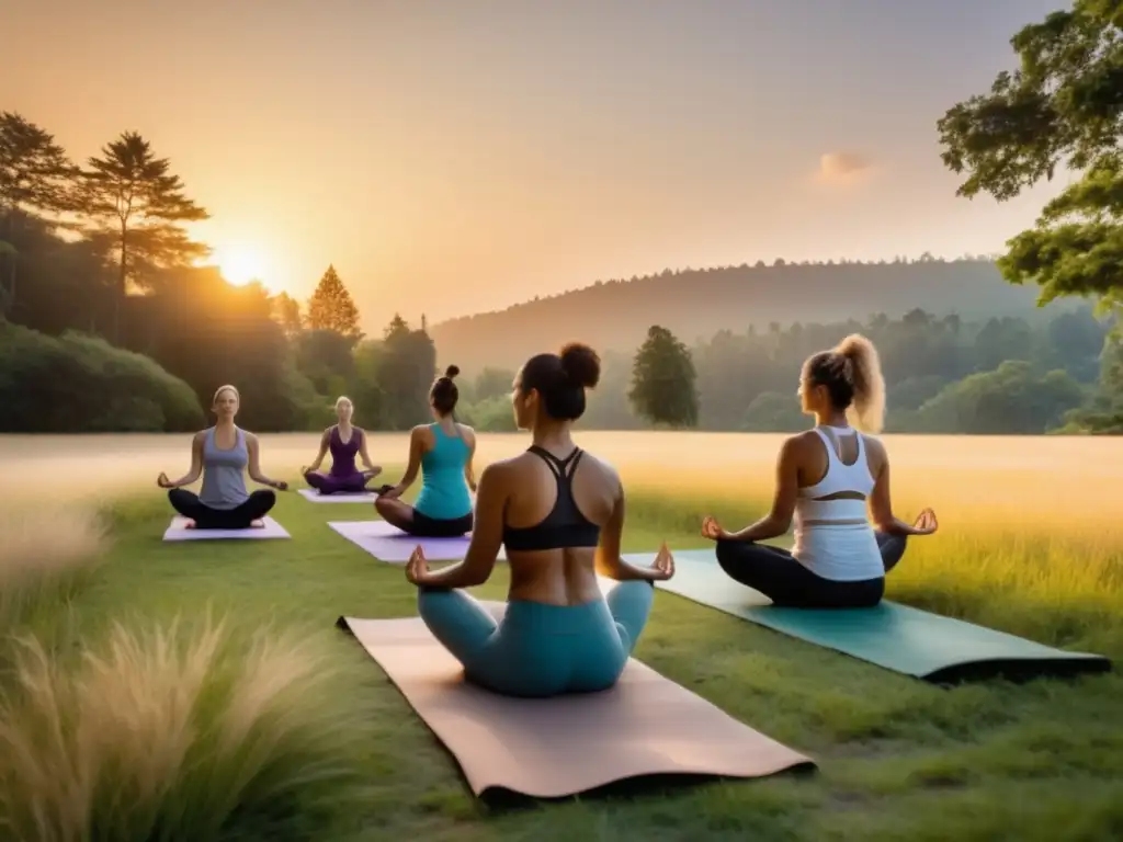 Festivales de yoga y bienestar internacionales en una escena de yoga al aire libre al atardecer