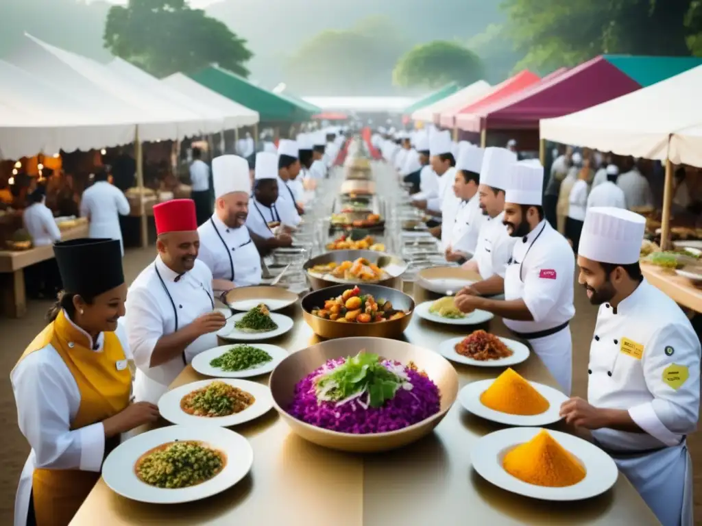 Importancia gastronomía festivales internacionales - Colaboración culinaria entre chefs locales e internacionales en un vibrante mercado al aire libre