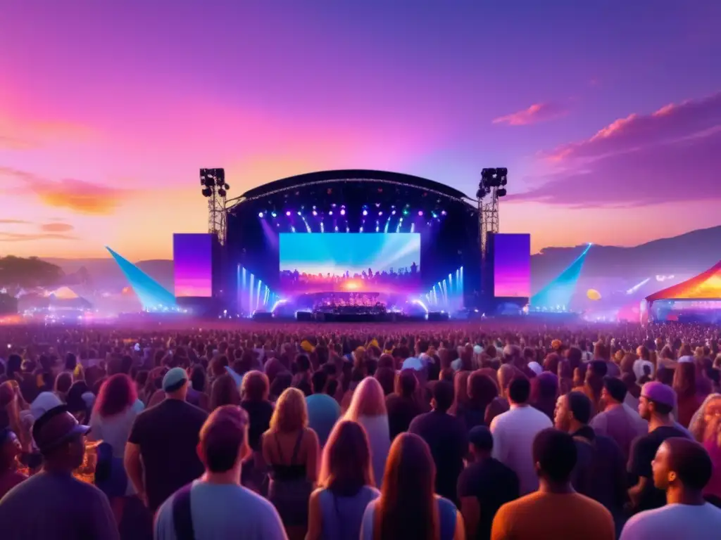 Influencia música moderna en festivales primavera: vibrante imagen fotorealista de festival al atardecer, con multitud, luces y música