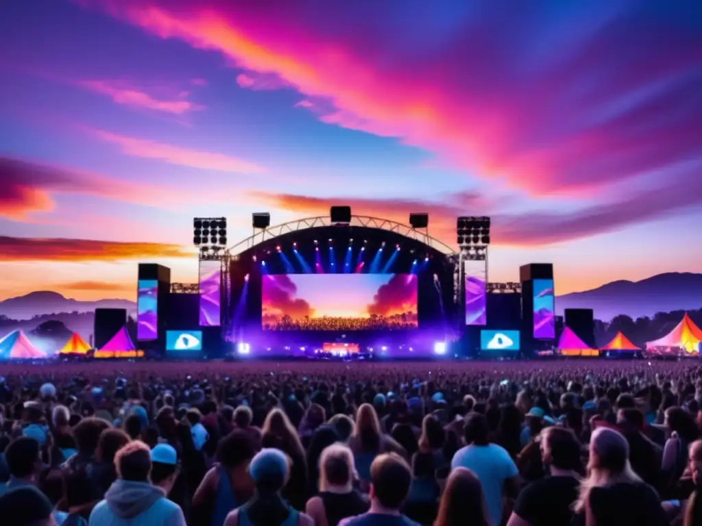 Festival música actual al atardecer, con escenario majestuoso y cielo vibrante - Festivales de música actuales en todo el mundo