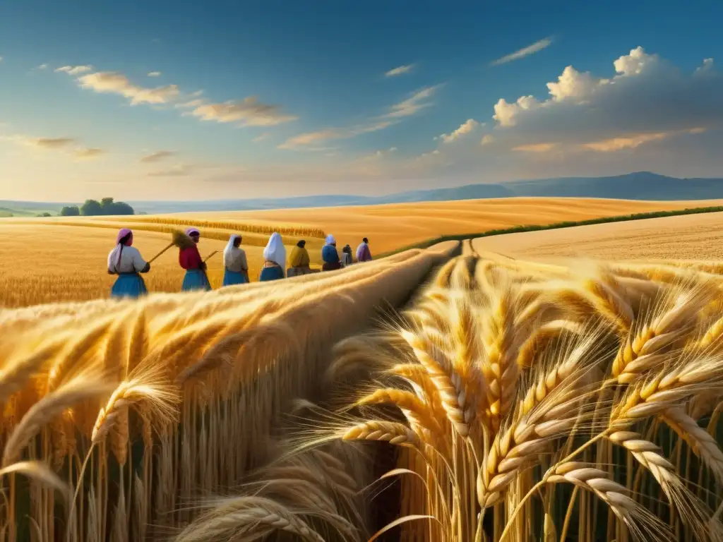 Festivales tradicionales de cosecha en el mundo: campo de trigo dorado, agricultores cosechando con herramientas ancestrales bajo un cielo azul