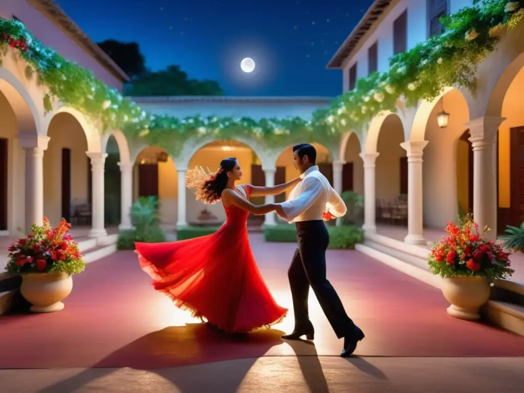 Hermoso baile de bolero cubano en un patio iluminado por la luna, rodeado de flores y vegetación exuberante