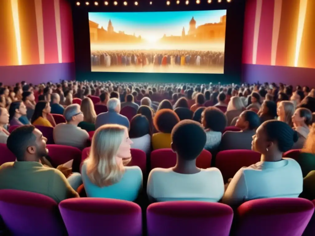 Importancia de la diversidad cultural en festivales de cine: multitud diversa disfrutando de una película cautivadora en un ambiente etéreo y unido