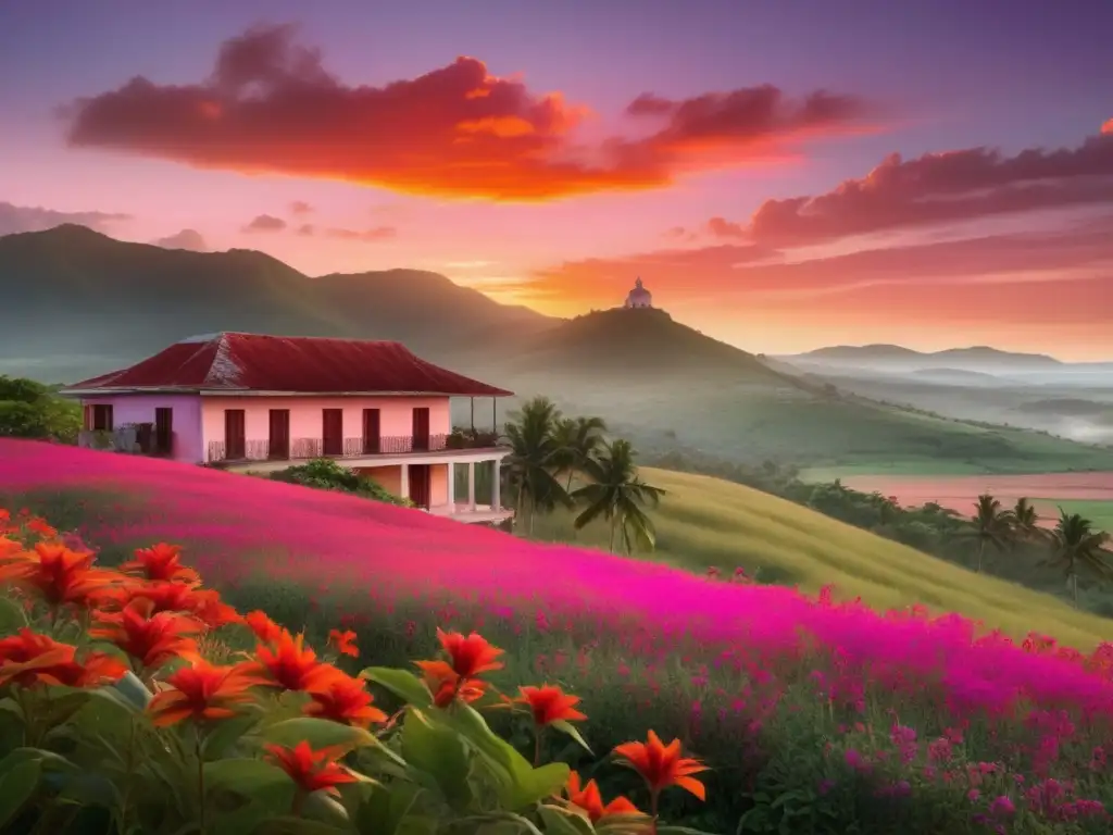 Paisaje cubano al atardecer con flores rojas y naranjas, casa colonial y bandera cubana