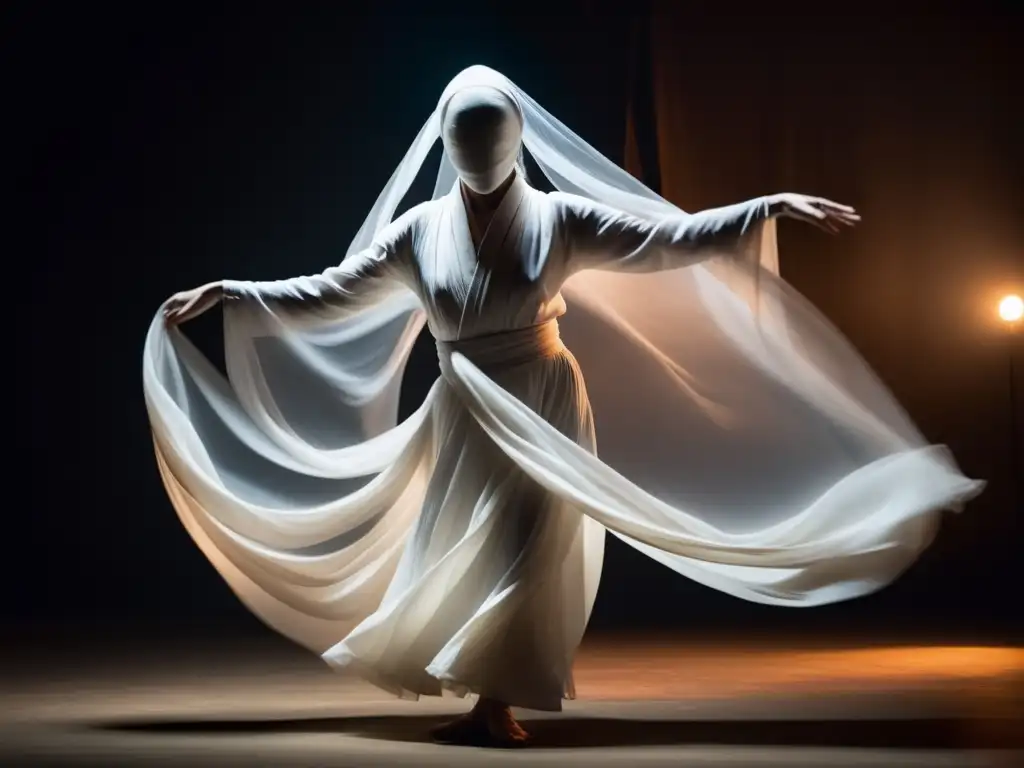 Imagen impactante de un bailarín Butoh en escenario tenue, con ambiente etéreo y misterioso