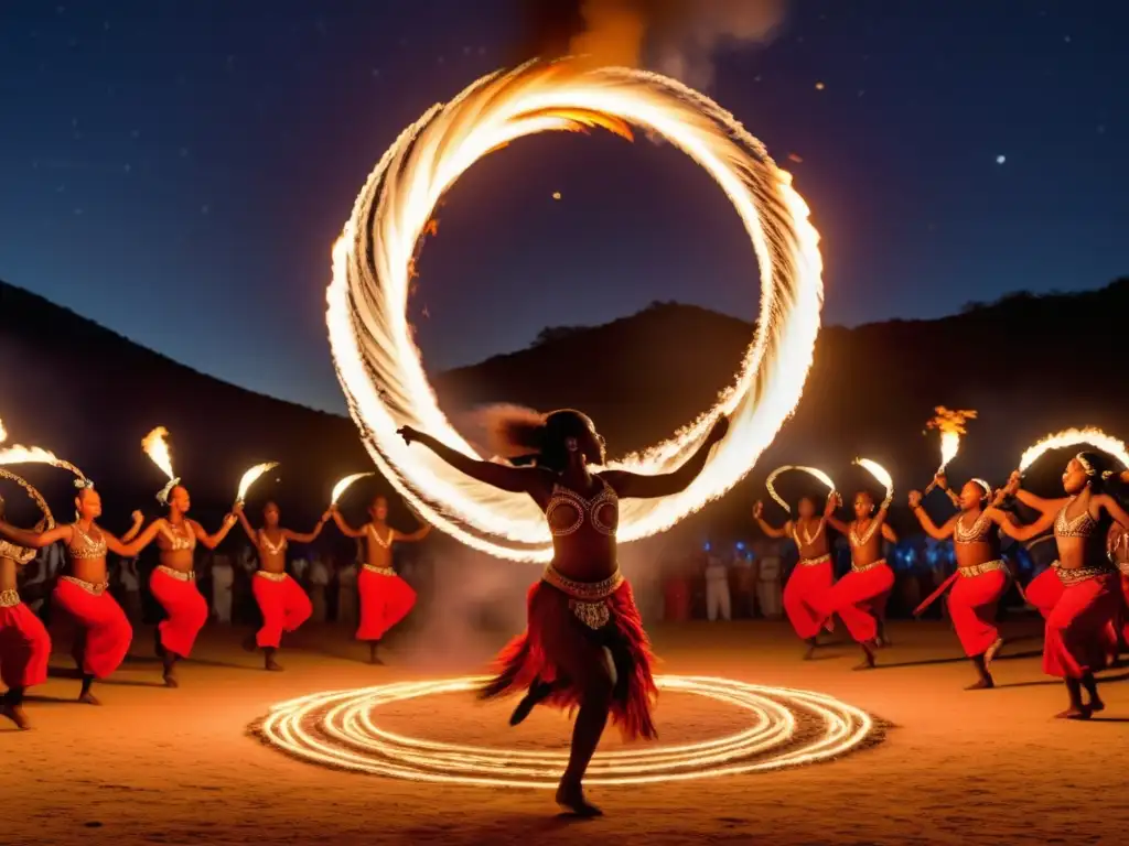 Festival Danza Fuego Swazilandia, imagen etérea y cautivadora de la danza del fuego, con movimientos fluidos y vestuarios vibrantes