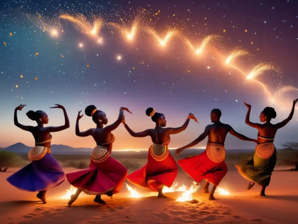 Festival Danza Fuego Zambia: noche estrellada, danzantes africanos con fuego, río Zambezi, magia cultural (110 caracteres)