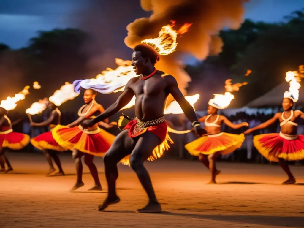 Festival Danza del Fuego en Zambia: Baile de fuego africano, danza fascinante en la oscuridad bajo un cielo estrellado