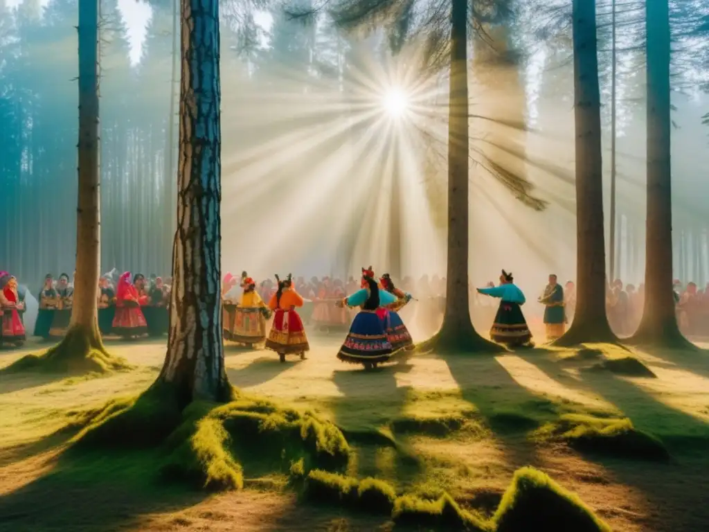 Tradiciones Danza del Oso en Rumanía: Bosque mistico, danzantes en trajes vibrantes, simbolos folkloricos, magia mistica