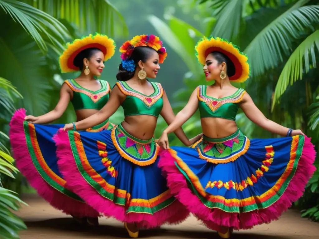 Trajes de baile latinoamericanos tradicionales en vibrante detalle