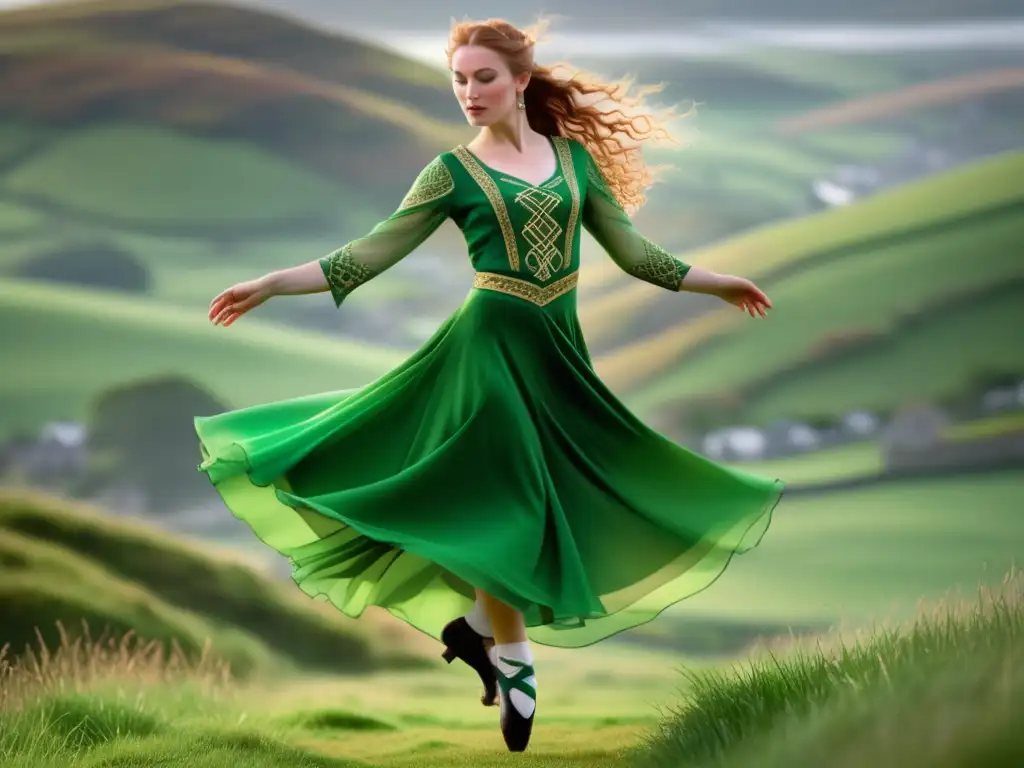 Bailarina irlandesa con vestido verde y patrones celtas, capturando la esencia del folklore y la indumentaria tradicional