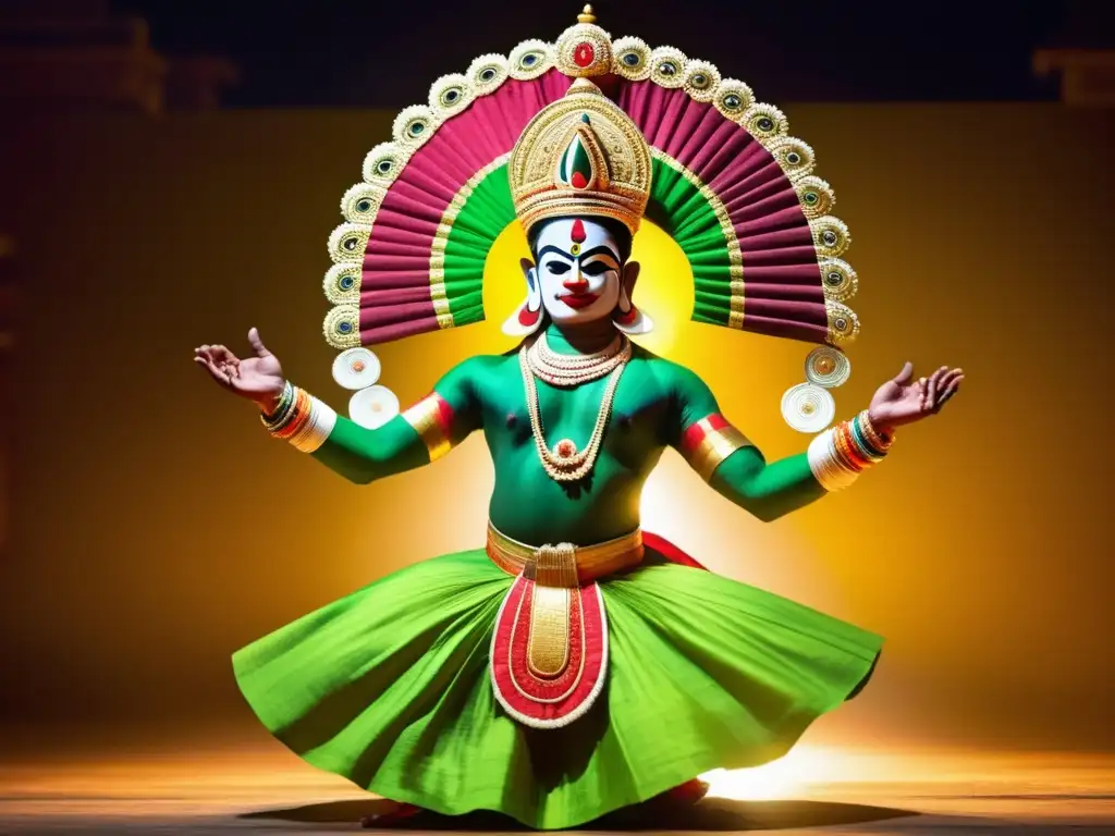 Festival Kathakali Kerala: danza tradicional, colores vibrantes, detalles ornamentados, intensidad y gracia en el escenario